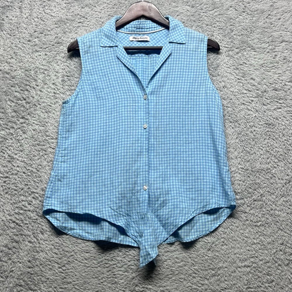 Tommy Bahama Gingham Way Sleeveless Camp Shirt‎ Womens Med Blue Glass Bead Tie